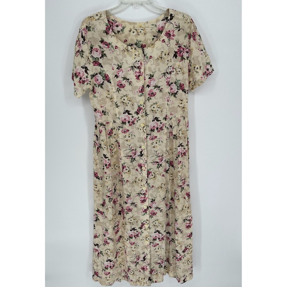 Vintage Women's Beige Floral Paisley Button‎ Front Midi Dress Size L